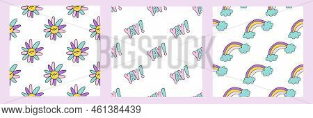 Set Of Cool Groovy Patterns Y2k Style. Phrase Yay Vector Lettering. Rainbow Pattern And Daisy Patter