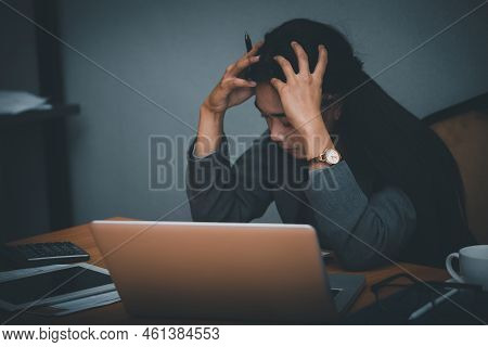 Stressed Businesswoman,frustrated And Upset In Business Pressure And Overworked At Office. Adult Asi