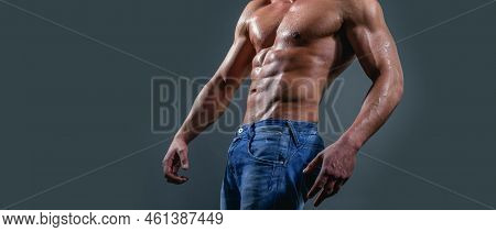 Banner Templates With Muscular Man, Muscular Torso, Six Pack Abs Muscle. Fashion Portrait Of Strong 