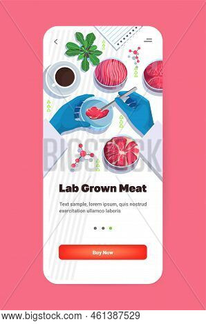 Scientist Holding Cultured Red Raw Meat Made From Animal Cells Artificial Lab Grown Meat Production 