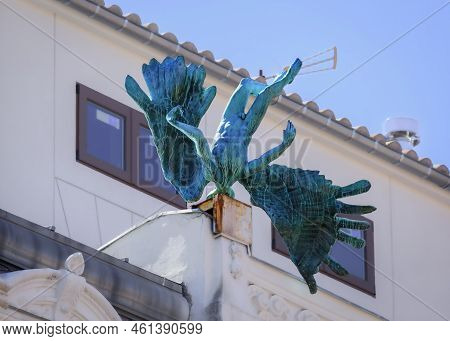 Madrid, Spain - June 28, 2021: Accidente Aereo Or Air Crash, A Fallen Angel Bronze Statue Created By