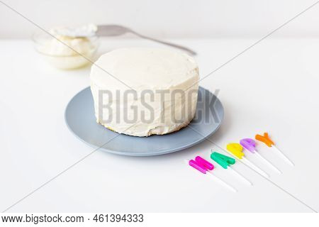Preparing For A Birthday Cake, The Inscription Happiness On A Creamy Cookie. Surprise Holiday And Bi