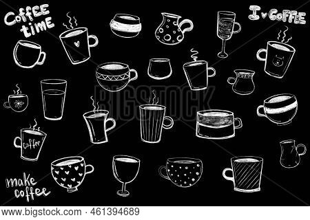 Cup Of Coffee With Chalk On A Blackboard Big Set Of Illustrations