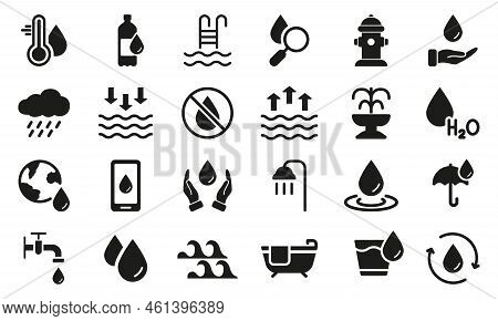 Water Silhouette Icon Set. Drop Water Black Icon. Mineral Water, Low And High Tide, Shower, Plastic 