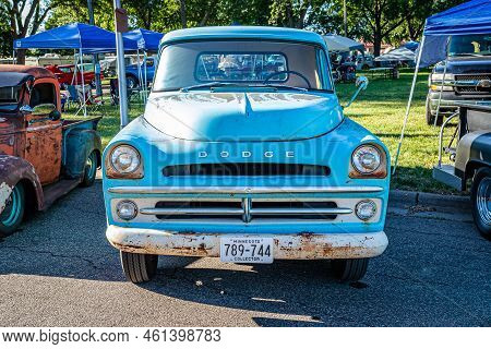 Falcon Heights, Mn - June 18, 2022: High Perspective Front View Of A 1957 Dodge D200 Pickup Truck At