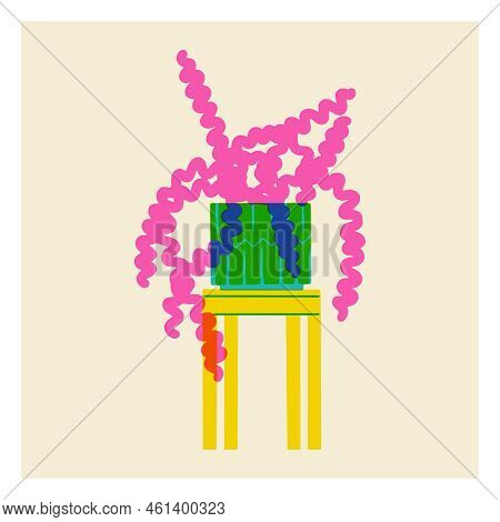 Succulent In Pot In The Style Of Risograph. Tropical Houseplant With Leaves. Contrast Vector Illustr
