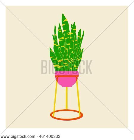 Succulent In Pot In Risograph Style For Printing. A Painted House Plant With Leaves. Contrasting Thr