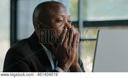 Tired Stressful African Male Adult Sad Businessman Feel Tiredness Discomfort Eyestrain Fatigue Pain 