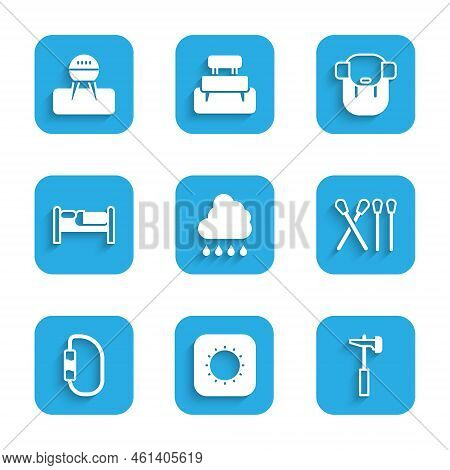 Set Cloud With Rain, Sun, Hammer, Match Stick, Carabiner, Bed, Hiking Backpack And Barbecue Grill Ic