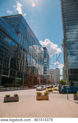 Warsaw, Poland - June 27, 2022: Office Architecture. City Center. Downtown Industry. Street Road Wit