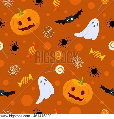 Halloween Seamless Pattern In Flat Cartoon Style. Pumpkins, Bats And Gousts. Vector Illustration