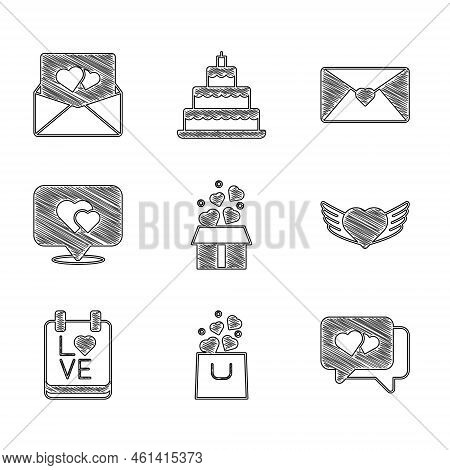 Set Gift Box With Hearts, Shopping Bag, Heart Speech Bubble, Wings, Calendar February 14, Location, 