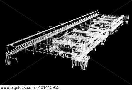 Industrial Equipment. X-ray 3d Illustration On Black Background. Non-destructive Testing Concept