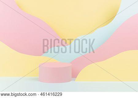 Fantasy Cartoon Abstract Scene Mockup With Round Pink Podium, Mountain Landscape With Pink, Yellow, 