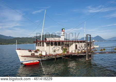 Feriolo, Italy - August 17, 2018: Ship Restaurant On The Lake Promenade Of Feriolo. Feriolo Is A Tow