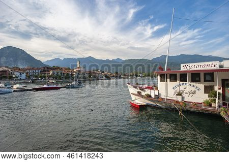 Feriolo, Italy - August 17, 2018: Townscape Of Feriolo With Ship Restaurant On The Lake Promenade. F