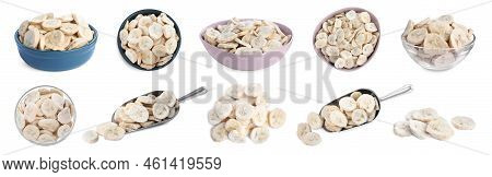 Set With Freeze Dried Bananas On White Background. Banner Design