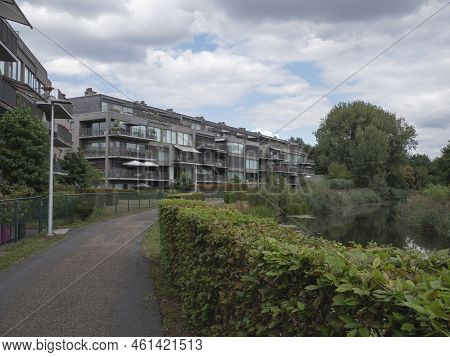 Lokeren, Belgium, August 27, 2022, Apartment Building On The Old Durme In Lokeren, East Flanders