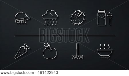 Set Line Hedgehog, Carrot, Jar Of Honey And Dipper Stick, Garden Rake, Apple, Cloud With Rain, Bowl 
