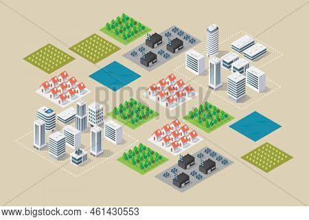 Isometric Building Cityscape Zoning. Flat Style Vector Illustration
