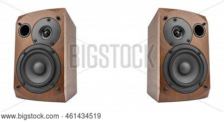 Music Speakers On White Background. Audio Technica. Bookshelf Speaker System For Home Entertainment.