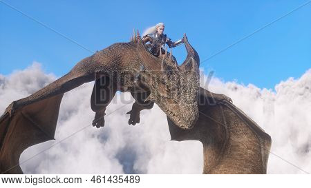 White Haired Female Warrior Knight Flies On A Dragon Above The Clouds.fantasy Artwork Scene. Cgi Ani