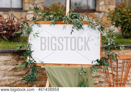 Wedding Wooden Board, Mockup, Invitation Easel, With White Space For An Inscription, Decorated With 