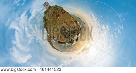Tiny Planet 360 View In Punta Parata By The Sanguinaires Islands. Woman Looking Sunset By The Parata