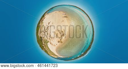 Tiny Planet 360 Aerial View Of The Beach Of Piana Island In Corsica Of France. Concept Of Environmen