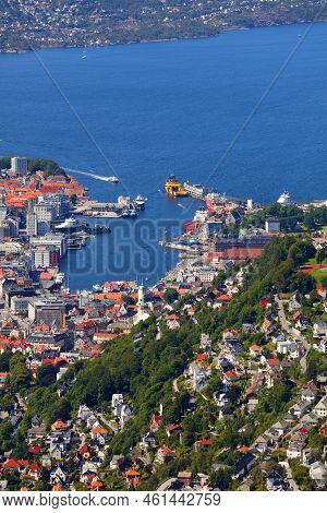 Bergen City, Norway. Summer Aerial View Of Downtown Bergenhus And Bryggen Districts.