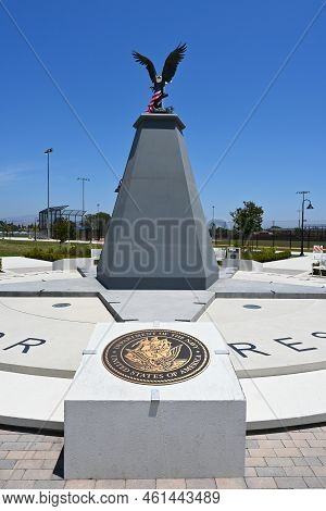 Tustin, California - 9 June 2022: Memorial At Veterans Sports Park At Tustin Legacy, With The Navy E