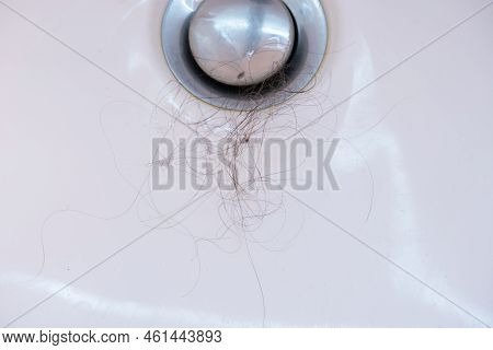 Fallen Hair Near The Sink Stopper. Baldness And Hair Loss Problem