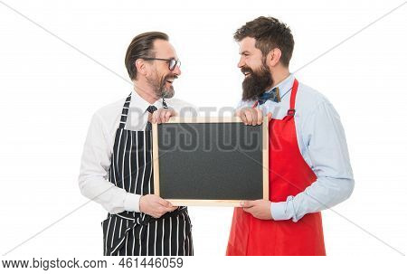 Partners Celebrate Start Up. Catering Business. Welcome On Board. Bearded Men With Blackboard, Copy 