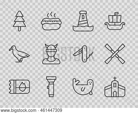 Set Line Ticket In Iceland, Church Building, Lighthouse, Flashlight, Tree, Viking Head, Fur Seal Ani