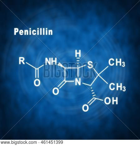 Penicillin, Antibiotic Drug, Structural Chemical Formula On A Blue Background