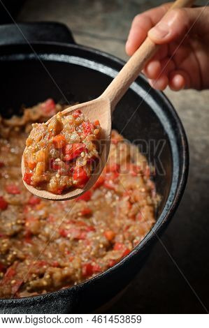 Homemade Cooked Vegetable Salad In Spoon On Table