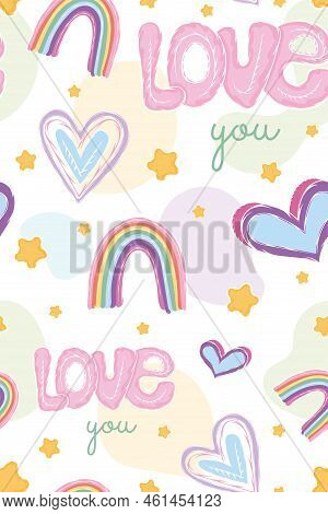 Colored Seamless Pattern Background With Heart Shapes And Rainbows Vector Illustration