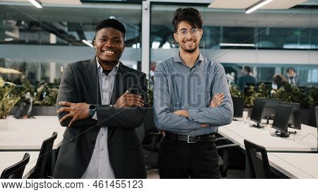 Multiracial Couple Of Business Colleagues Smiling Diverse Co-workers Arabian Young Man African Manag