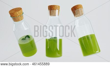 3d Render Of Realistic Transparent Glass Bottle, Littel Bottle With Cork Stopper Isolated On White B