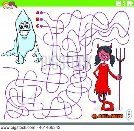 Cartoon Illustration Of Lines Maze Puzzle With Comic Ghost And Devil Girl Characters On Halloween Ti
