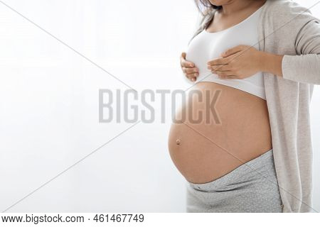 Unrecognizable Pregnant Woman Having Painful Feelings In Breast, Copy Space