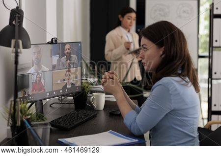 Coworkers Discussing Company Project On Videocall, Talking About Business Strategy, Online Presentat