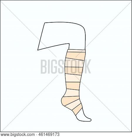 Elastic Bandage On Human Leg. Roll And Wrap Medical Gauze Over A Foot. Broken Or Injured Ankle. Heal
