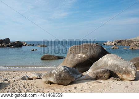 Rocky Beach In A Sunny Day. No People. Britanny, France. Europe