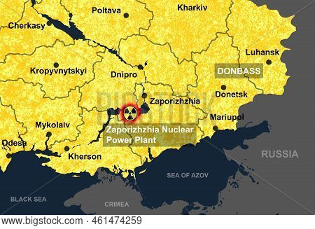 Zaporizhzhia Nuclear Power Plant In Ukraine Map, Dangerous Spot. Russo-ukrainian War. Kherson, Donet