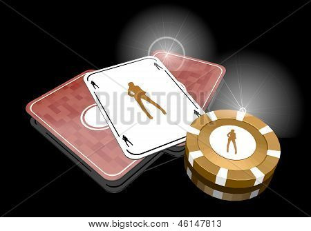 3D Grafik eines tanzenden sexy Icons auf Pokerkarten