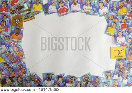 Bauru, Brazil - 09.12.22: Panini Album Fifa World Cup 2022 - Qatar 2022. World Cup Football Cards Di