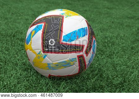 Madrid, Spain. Sep 12, 2022. An Orbita La Liga Fifa Match Football Ball On A Green Grass Football So