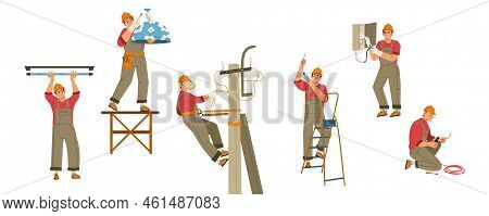 Electrician, Maintenance Service Worker In Helmet. Man Technician, Engineer Of Electricity With Tool