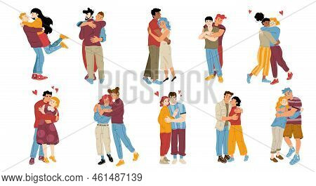 Set Of People Hug, Love, Homosexual Or Heterosexual Couples Embrace. Happy Male And Female Character